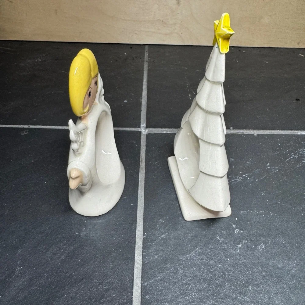 Vintage Ceramic Christmas Napkin Rings Angel and Christmas Tree White Yellow Set